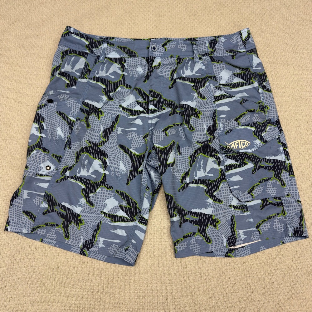AFTCO Shorts Mens 38 Blue Camo Cargo Performance Fishing Outdoor Pockets